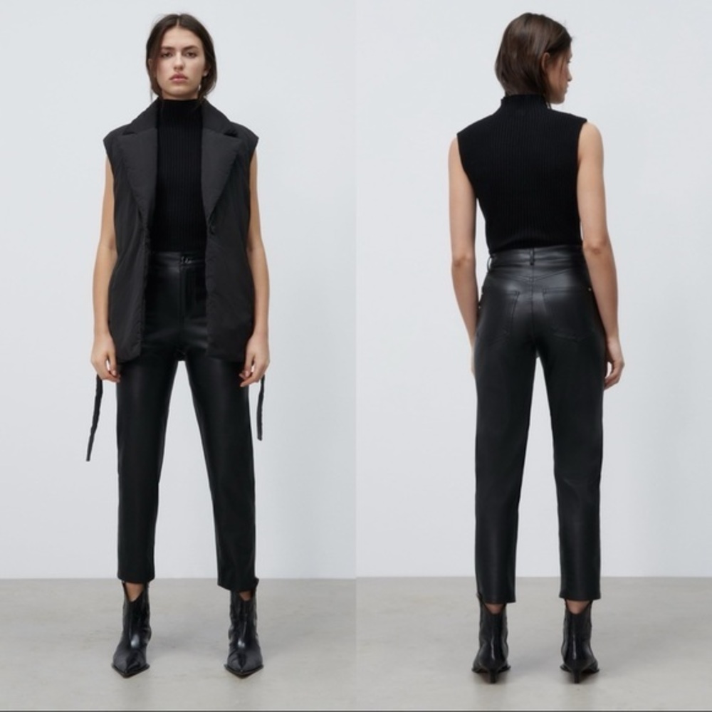 ZARA FAUX LEATHER MOM FIT FLEECE LINED TROUSERS BLACK 6